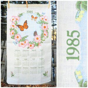 VTG 1985 Linen Calendar Towel Butterflies & Pink Dogwood Blossoms Birthday Gift